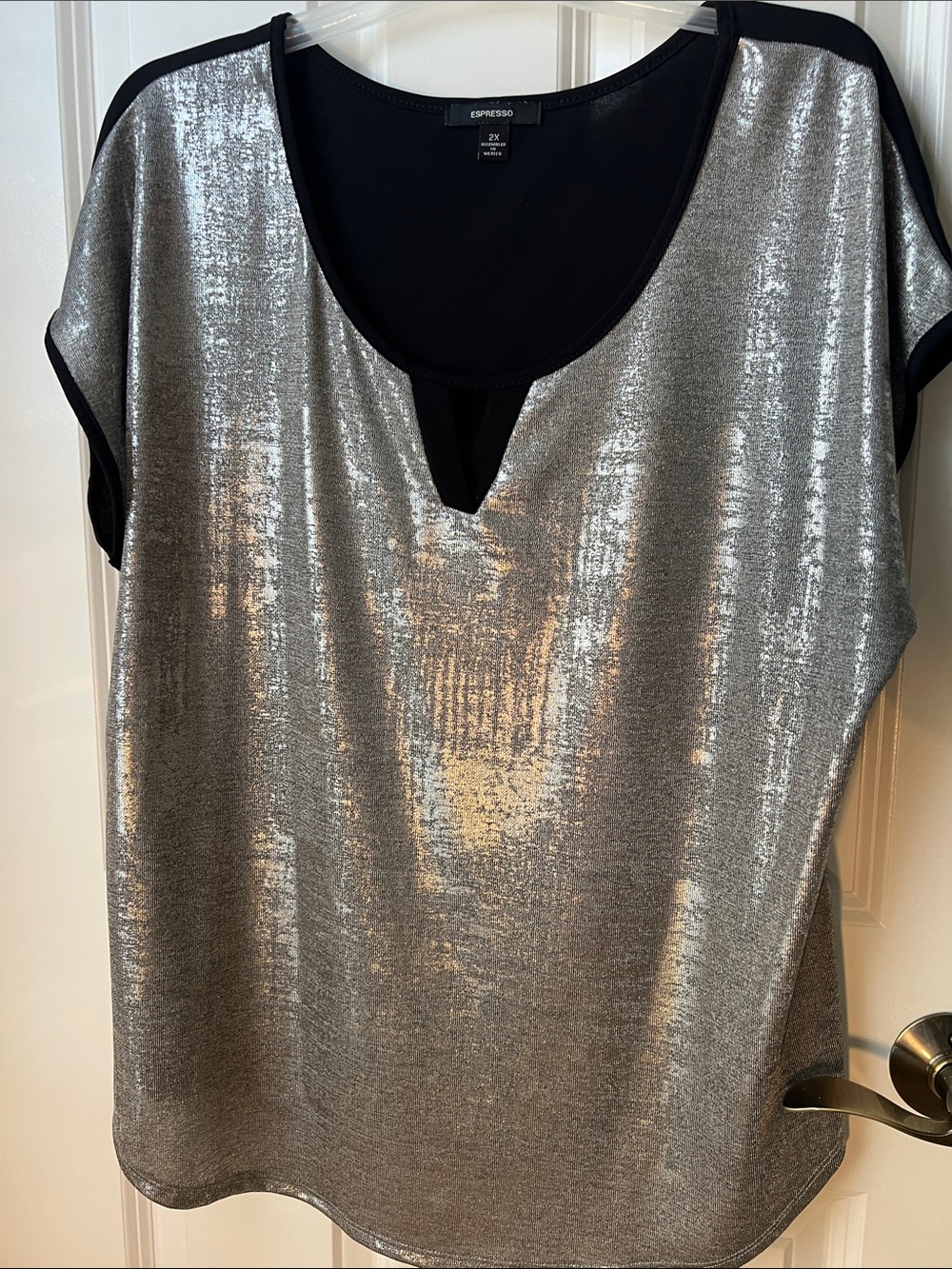 Espresso Silver Metallic Scoop-Neck Cap Sleeve Top Size 2X